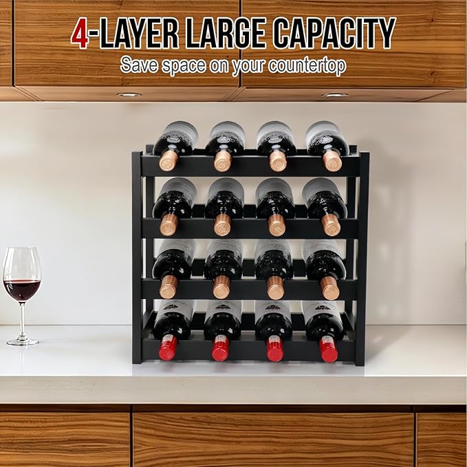 Bamboo Wine Rack, 4-Tier 16 Bottles Wine Storage Cabinet Shelf, Easy-Assembly Freestanding Bamboo Wine Racks Countertop for Kitchen Pantry Dining Room Bar, Black