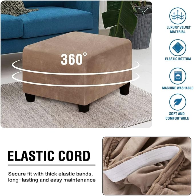 H.VERSAILTEX Square Ottoman Covers Ottoman Slipcover Square Footstool Protector Covers Storage Stool Ottoman Covers Stretch with Elastic Bottom, Feature Real Velvet Plush Fabric, Camel