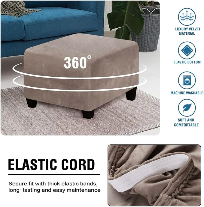 H.VERSAILTEX Square Ottoman Covers Ottoman Slipcover Square Footstool Protector Covers Storage Stool Ottoman Covers Stretch with Elastic Bottom, Feature Real Velvet Plush Fabric, Taupe