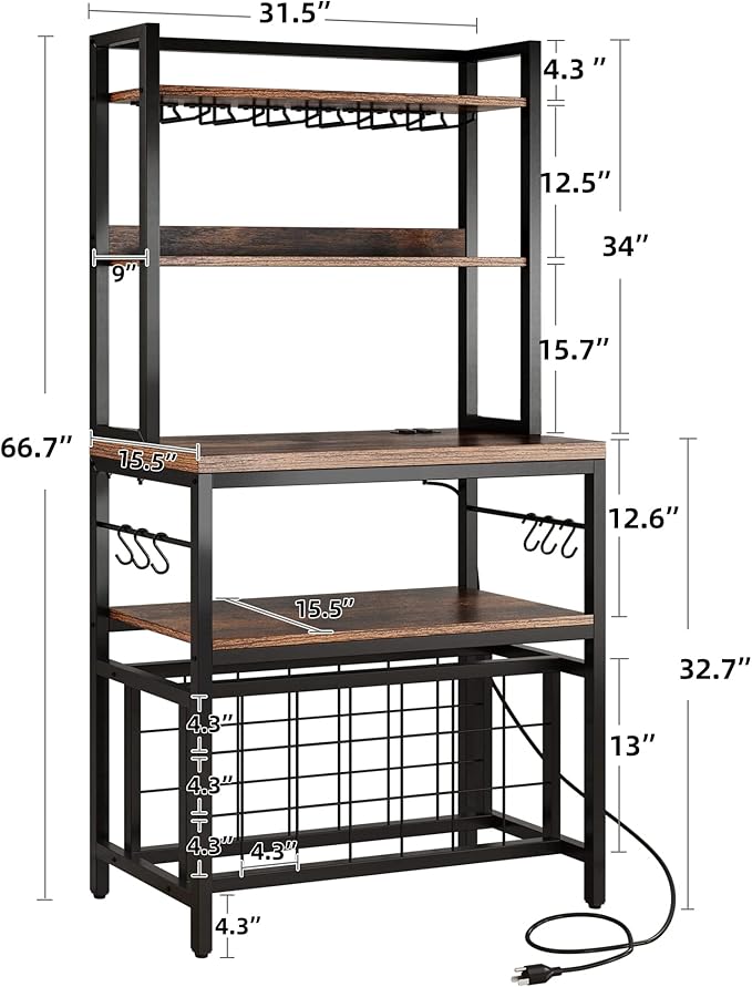 YITAHOME Kitchen Microwave Bakers Stand 31 Inches Wine Rack Free Standing Small w Storage for Liquor Glasses Power Outlet Tall Farmhouse Utility Shelf Pantry Dining Room Coffee Bar Hutch, Rustic Brown