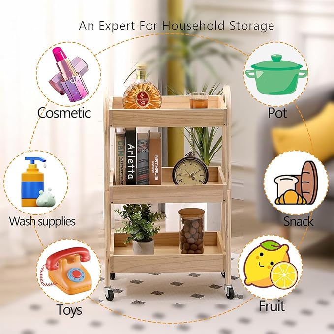 3-Tier Wooden Rolling Cart- Wooden Utility Cart wit Wheels- Utility Rolling Cart-Storage Trolley Organizer- Rolling Kitchen Cart Serving Cart for Office,Kitchen, Kids' Room (natural wood color)