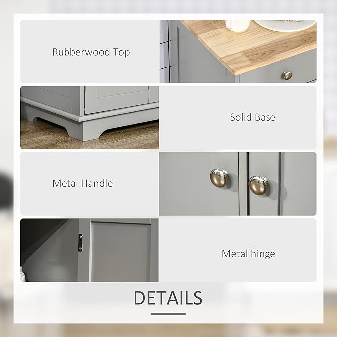 HOMCOM Sideboard Buffet Cabinet with Solid Wood Countertop, Modern Kitchen Storage Cabinet, Coffee Bar Cabinet with 3 Drawers, Doors and Adjustable Shelf, Gray