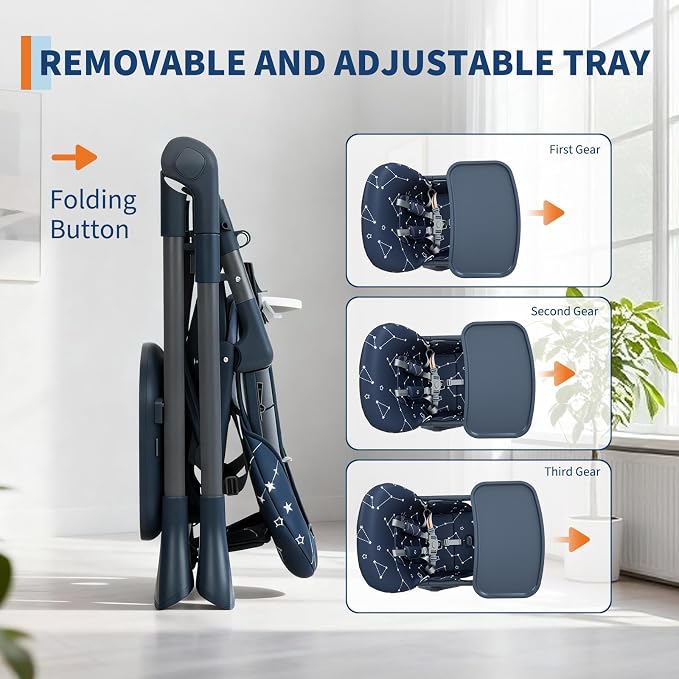 Baby High Chair, Foldable Feeding Chairs for Babies and Toddlers, Adjustable Height/Backrest/Footrest, Removable Tray, Fast Folding Blue
