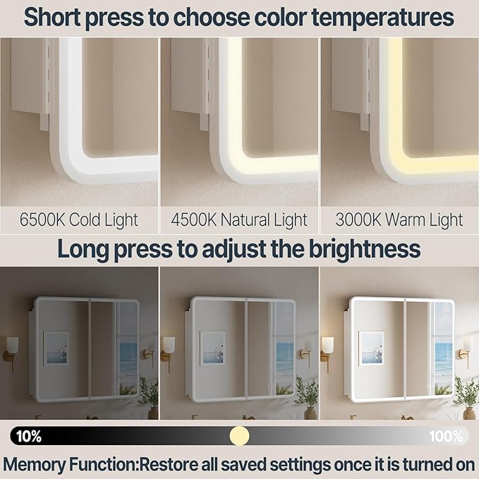 36x30 Inch Medicine Cabinet with Mirror, Recessed or Surface Mount Bathroom Medicine Cabinet with LED Lights, Anti-Fog, Memory Function, Adjustable Shelf, Dimmable Light, ETL Listed, White