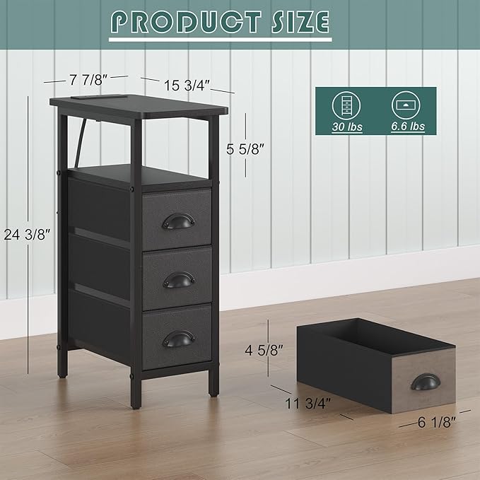 sthmec End Table with Charging Station,LED Side Tables with USB Ports and Outlets,Skinny Bedside Tables with 3 Drawers,Small Tabls Nightstands for Small Space,Slim Sofa Table for Livingroom,Black