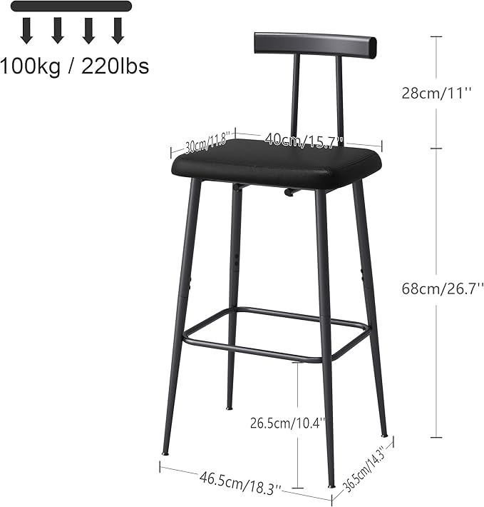 Bar Stools Set of 2, Tall Bar Stools with Backrest and Footrest, Counter Height Bar Chairs, Industrial Barstools with PU Leather Cushion, for Kitchen, Dining Room, Bar, Cafe (Black) KBS515B