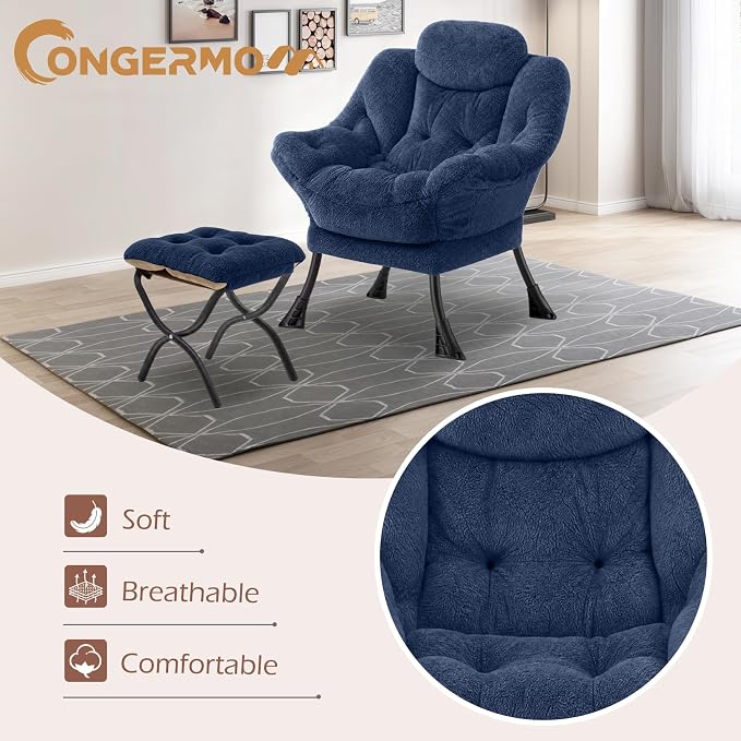 Lazy Chair with Folding Ottoman,Leisure Sofa Chair,Soft Fabric Armchair with Armrests and Side Pockets, Reading Chair with Footrest for Living Room, Bedroom, Office (Plush Navy)