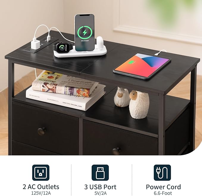 Yoobure Night Stand with Charge Station, Nightstand with 4 Drawers Bedside Table, LED Dresser with Storage Shelf, Night Stands for Bedroom, Side Table 3-Tier Wood End Table for Home, Office Black