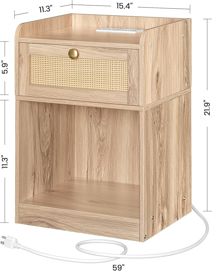 CHOEZON Rattan Nightstands Set of 2 with Charging Station, Boho Nightstand, Rattan Bedside Tables with Drawer, Storage Side Table with 2 USB Ports, Bedroom, Natural MBZ01UP2WO