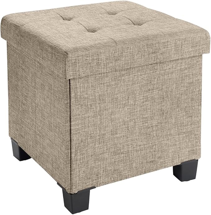 Ornavo Home 15 Inch Folding Storage Ottoman with Storage, Square Cube Linen Small Storage Ottoman Foot Rest Stool with Legs - Tan/Taupe