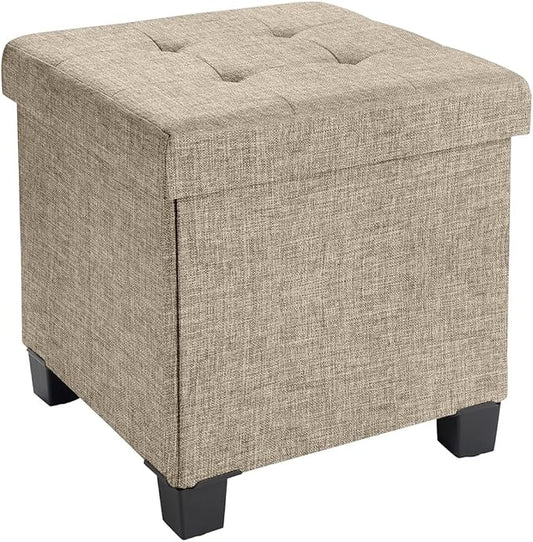 Ornavo Home 15 Inch Folding Storage Ottoman with Storage, Square Cube Linen Small Storage Ottoman Foot Rest Stool with Legs - Tan/Taupe