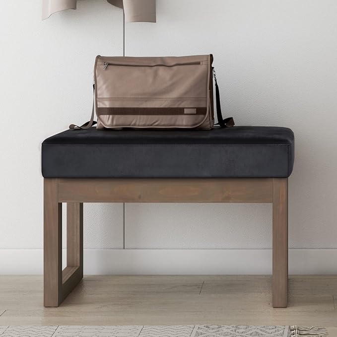 SIMPLIHOME Milltown Small Ottoman Bench - 27" Wide x 18" High Upholstered Vegan Leather Rectangle Footstool Ottoman in Distressed Black, Contemporary Bench for Bedroom with Cushioned Seat, Assembled
