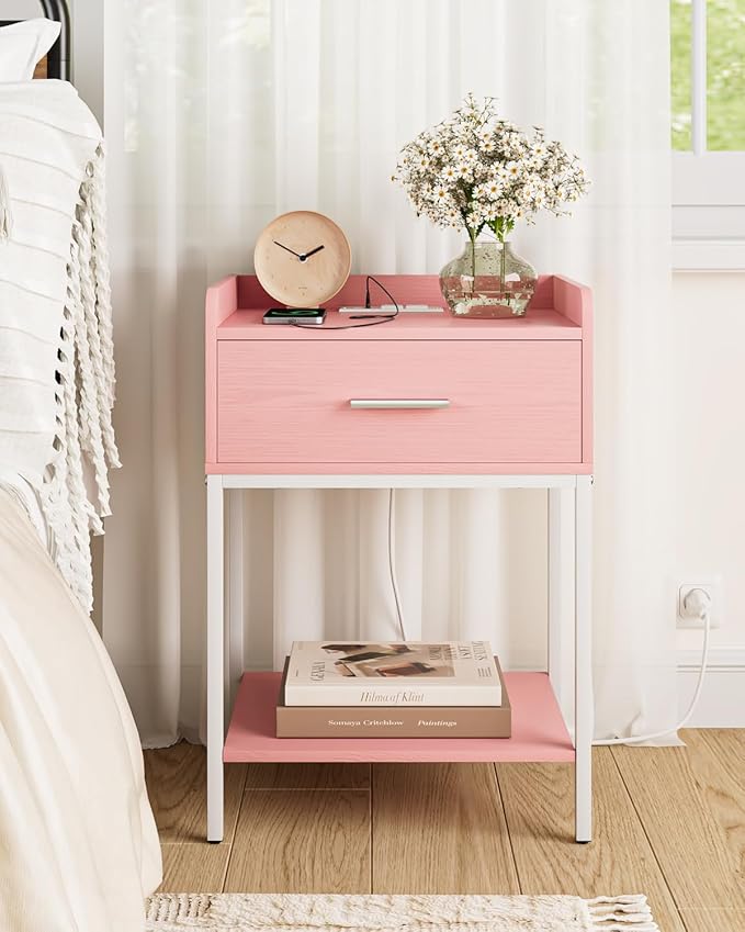 Nightstand with Charging Station,3-Tier Modern Bedside Table Night Stand with Storage Drawer and Open Shelf,Small End Side Table for Bedroom,Living Room,Pink