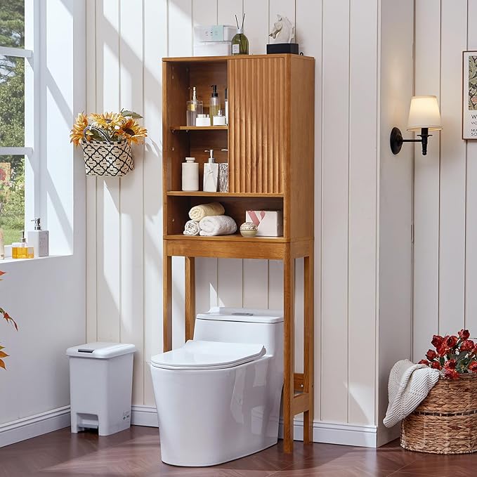 LEYAOYAO Fluted Over The Toilet Storage Cabinet, Farmhouse Over Toilet Bathroom Organizer with a Sliding Door, 68" Tall Tea Brown Freestanding Washer Shelf with Adjustable Shelf & Curved Profile