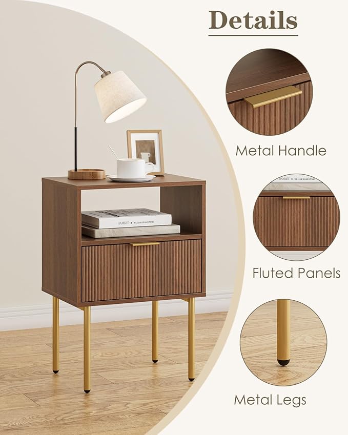 Aienvey Night Stand, Modern Nightstand with Drawers, Bedside Table, Gold Small Side Table for Bedroom, Living Room End Table (Walnut Stripe, 1 Drawer)