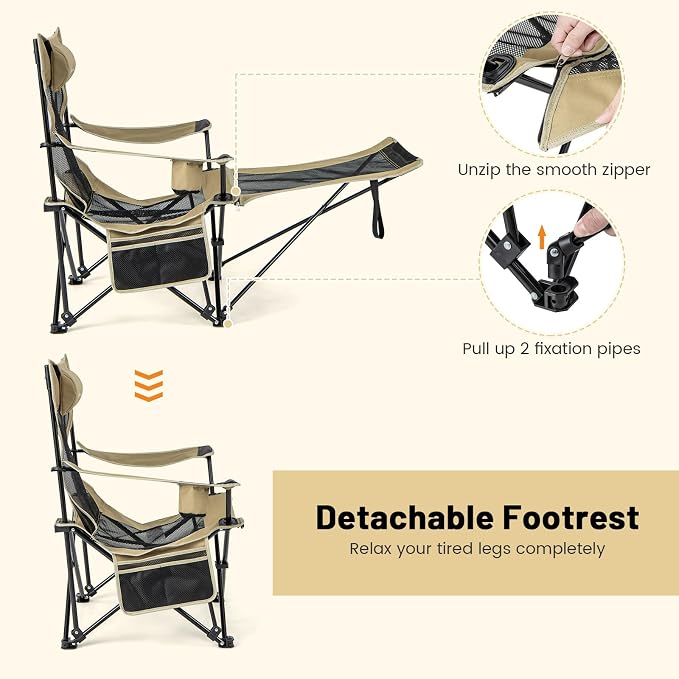 GYMAX Camping Chair, Adjustable Reclining Lounge Chair w/Removable Footrest, Padded Pillow, Cup Holder & Side Pocket, Folding Camping Mesh Chair w/Carry Bag for Outdoor Patio Lakeside (1, Khaki)