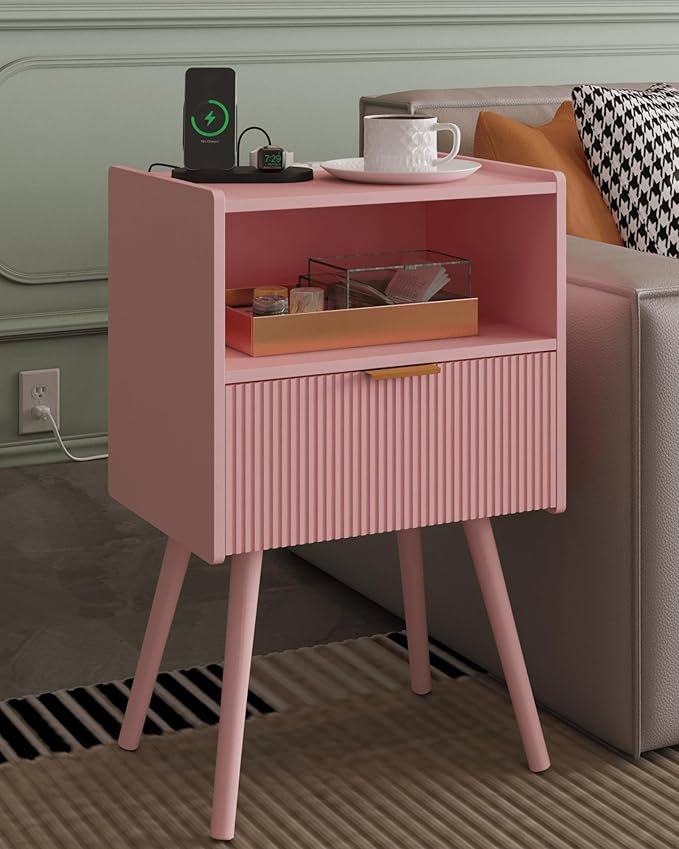 Veegle Nightstand,Modern Bedside Table with Storage Drawer and Open Wood Shelf, Accent Night Stand with Solid Wood Legs for Living Room, Bedroom and Small Spaces,Easy Assembly (Pink-Outlet)