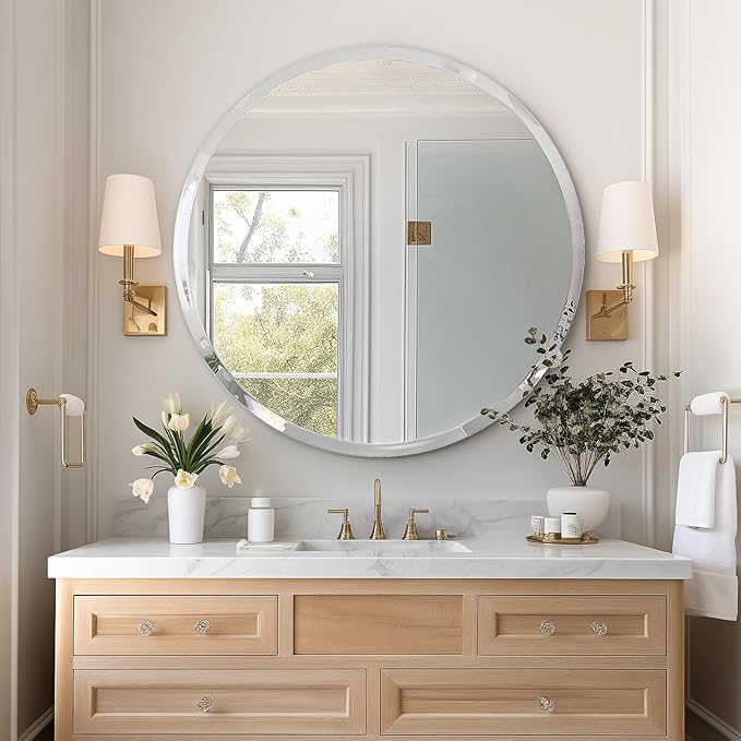 USHOWER 36" Round Frameless Wall Mirror with Beveled Edge - Circle Mirror for Bathroom & Vanity, Elegant & Simple Look