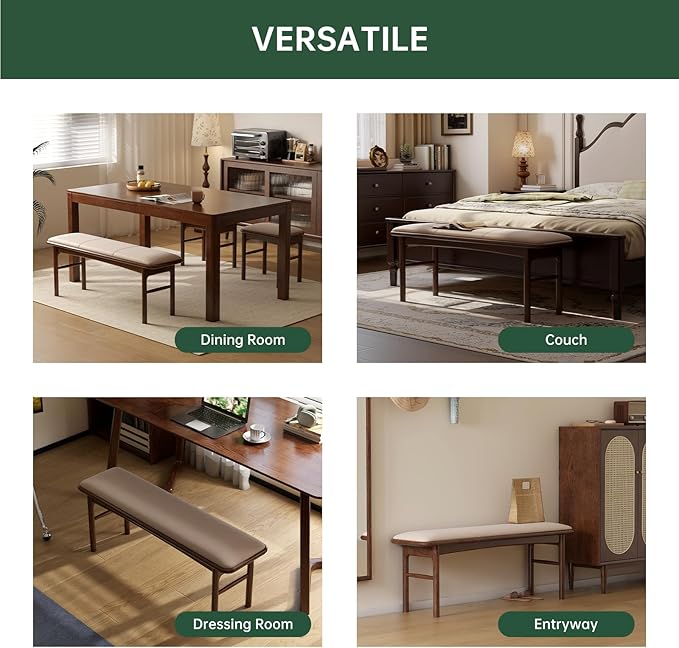 17.7'' Leather Upholstered Dining Ottoman with 100% Solid Oak Wood Ottoman Frame, Small Padded Foot Rest Stool Bench for Dining Kitchen Entryway, Champagne