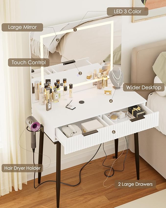 Vanity Desk with Large Mirror and Lights, Small Makeup Vanity Table with 2 Drawers, Dressing Table with 3 Adjustable Lighting Color, Small Makeup Desk for Bedroom, White with Black Leg