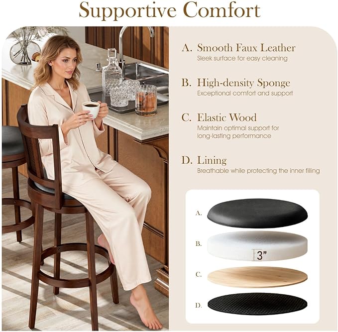 Sophia & William Swivel Bar Stools Set of 6, Bar Height Barstools with Backrest & Solid Wood Legs, Brown Faux Leather Kitchen Stools, 30 Inch