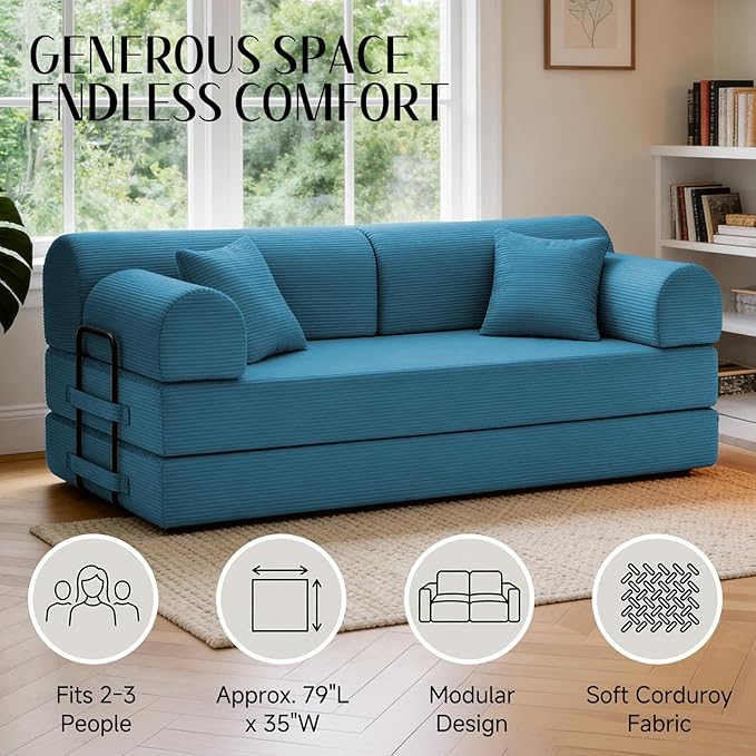 78.8" Convertible Sofa Bed with Detachable Arm Pillow, 6-in-1 Sectional Couches for Living Room, Corduroy Boneless Couch, Sleeper Loveseat Couch Bed, No Assembly, Azure Couch