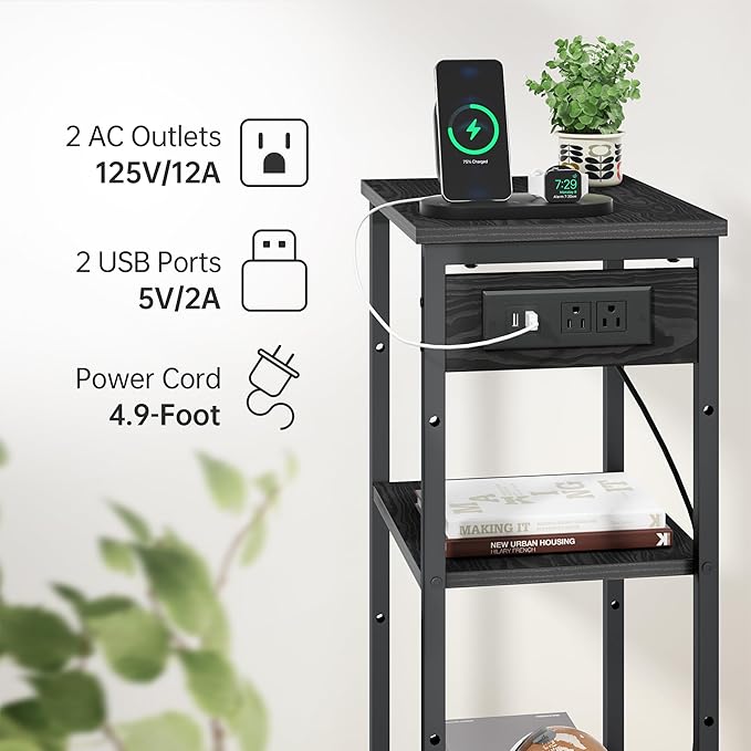 Asgolion Tall Nightstand with Charging Station, 3 Tier Narrow Tall End Table with Storage, Slim Side Table with USB Ports and Outlets for Bedroom, Living Room, Office, Black
