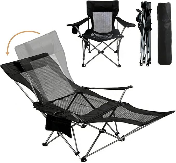 Zero Gravity Chair Reclining Folding Chair with Removable Footrest and Pillow & Cup Holder, Adjustable Outdoor Oxford Fabric Lounge Recliner for Camping, Beach, Garden, Patio, Black Mesh