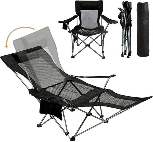 Zero Gravity Chair Reclining Folding Chair with Removable Footrest and Pillow & Cup Holder, Adjustable Outdoor Oxford Fabric Lounge Recliner for Camping, Beach, Garden, Patio, Black Mesh
