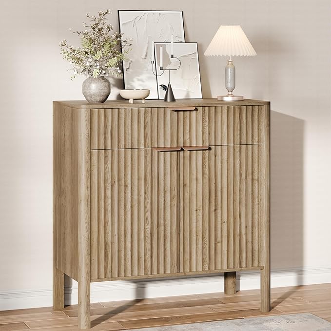 Fluted Buffet Cabinet with Storage - Modern Sideboard Accent Credenza with Doors & Drawer Wood Console Coffee Table Bar Counter for Living Room Kitchen Dining Room Entryway, Easy Assembly 31" Oak