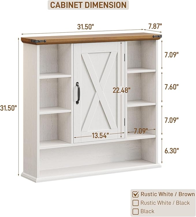 Bathroom Wall Cabinet, Farmhouse Medicine Cabinet with Adjustable Shelves and Barn Doors, Large Wall Mounted Over the Toilet Storage Cabinet for Bathroom, Laundry Room, Kitchen, Rustic White and Brown