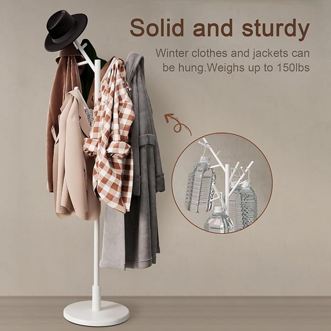 Muwuele Coat Rack, Solid Wood Coat Rack Freestanding with 12 Hooks, Coat tree freestanding 3 Adjustable Heights for coat, Hats, Handbags，Coat Stand for Entryway,Bedroom (White)