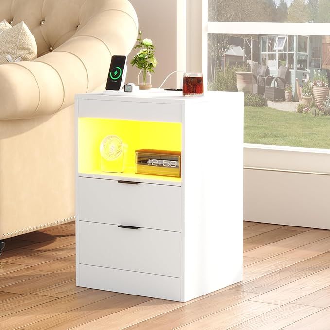 Gadroad LED Nightstand with Charging Station, Bedside Table with USB Ports & Power Outlets, Modern Night Stand with Drawers for Bedroom Small Spaces, White