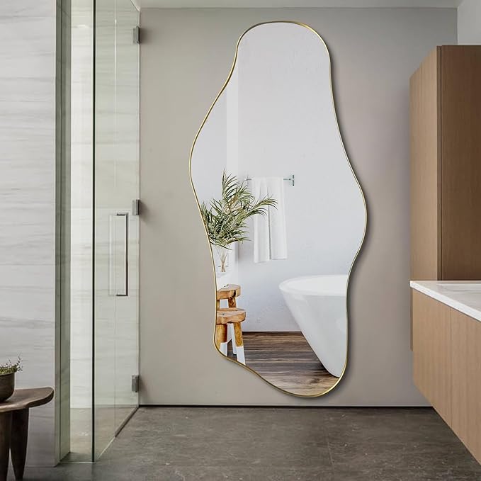 Large Irregular Mirror, 63"x29" Asymmetrical Full Length Mirror with Gold Metal Frame, Unique Shaped Abstract Wall Mirrors for Living Room Dressing Bathroom Bedroom Hallway Entryway