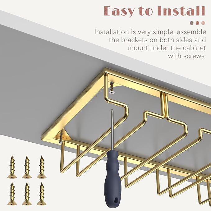 Xverycan Wine Glass Rack Under Cabinet, 12 Row Extreme Large Stemware Hanger, Metal Wine Goblet Holder, DIY Bar Glass Storage Rack for Bar Counter, Kitchen, Screws Included (Gold)