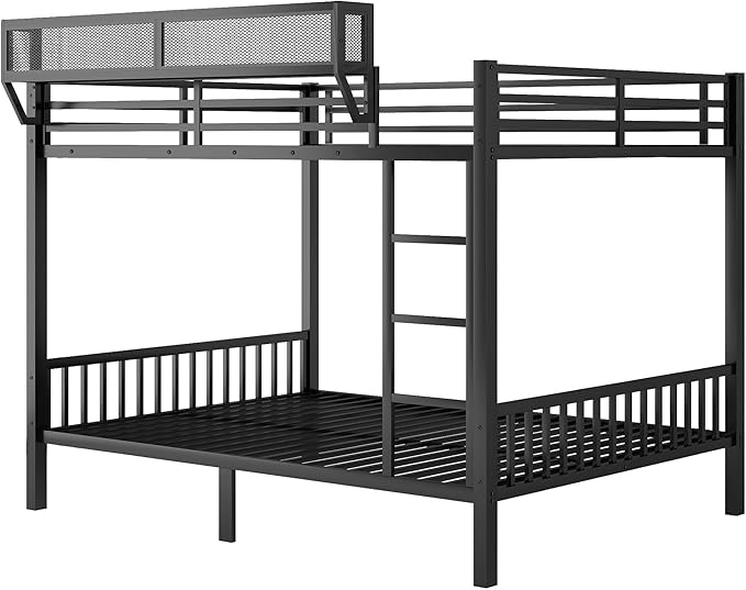KEIKI Queen Over Queen Size Metal Bunk Bed Frame with Ladder and Built-in Storage Shelves, for Teens, Bunk Bed with Solid Slats, Guardrail, No Box Spring Required, Easy Assembly, for Bedroom, Black