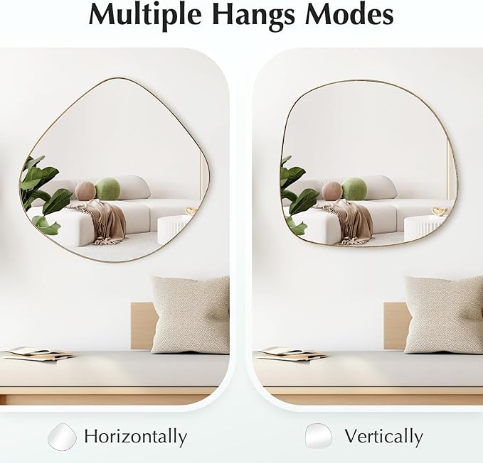 Asymmetrical Wall Mirror Matel Brass Framed Wall Mirror for Living Room Bedroom Bathroom Entryway Wall Decor 19.8" L x 19.0" W ELE-005G