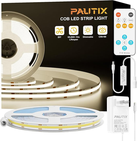 PAUTIX COB LED Strip Lights,UL Listed Dotless LED Lights with RF Remote,16.4ft Natural White 4000K Super Bright Dimmable Flexible Diffused LED Tape Light,Kitchen Cabinet,Office,Stairs,Shelf Lighting