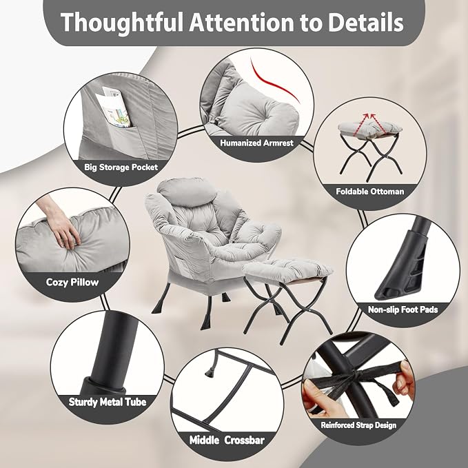 Youtanic Lazy Chair with Folding Ottoman, Accent Chair Velvet Upholstered with Metal Structure and Non-Slip Pads, Sofa Armchair with Footrest and Side Storage Bag for Dorm, Room, Office, Light Gray
