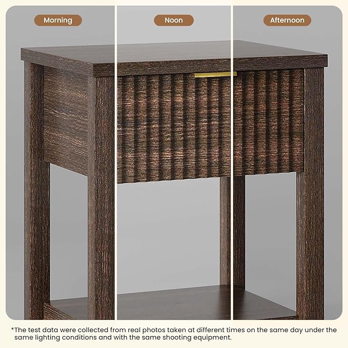 Fluted Night Stand with Golden Handle,Set of 2 Mid-Century Nightstands with Drawer,Bedside Table with Storage Shelf,Large Wood End Tables for Livingroom,Bed Side Tables for Bedroom,Walnut