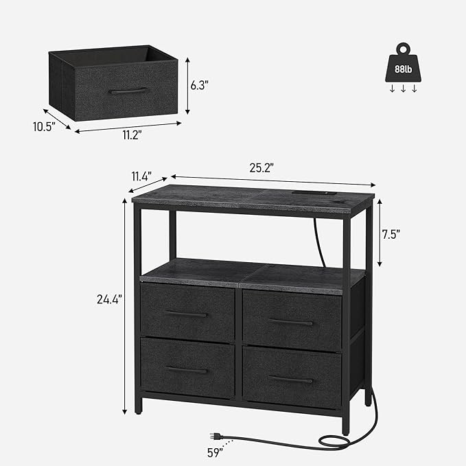 TUTOTAK Large Night Stand with Charging Station, Nightstand with USB and Type-C Port, Bedside Table with Cloth Drawers, End Table for Livingroom, Bedroom, Charcoal Grey TB01BY081