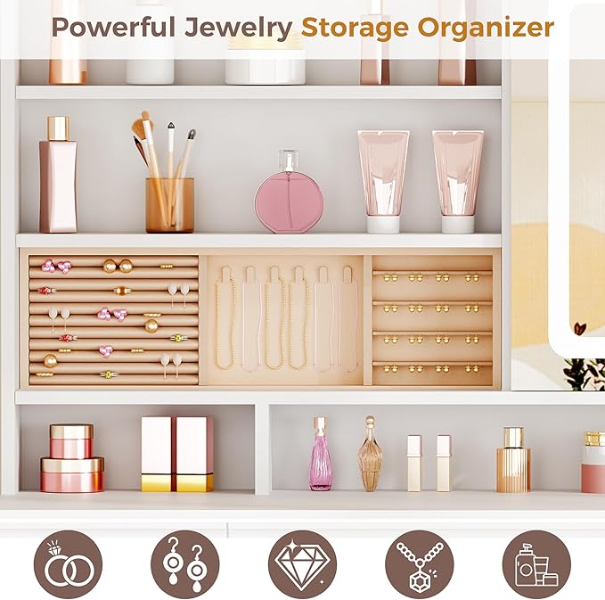 ANWBROAD Vanity Desk with Sliding Mirror and Lights,Large Makeup Vanity Set with Jewelry Storage,11 Drawers,6 Shelves, 3 Color Lights, White Dressing Table with Stool Power Outlet for Women UBDT98W