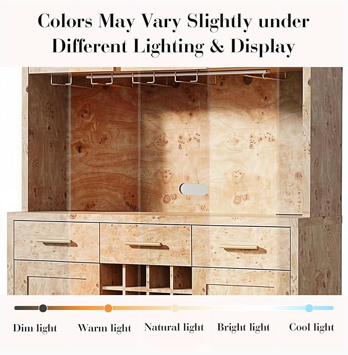 77" Tall Wine Bar Cabinet with Storage Hutch and 3 Drawers, Coffee Bar Cabinet with LED Lights and 24 Bottle Wine Rack for Home Dining Room Kitchen, Light Burl