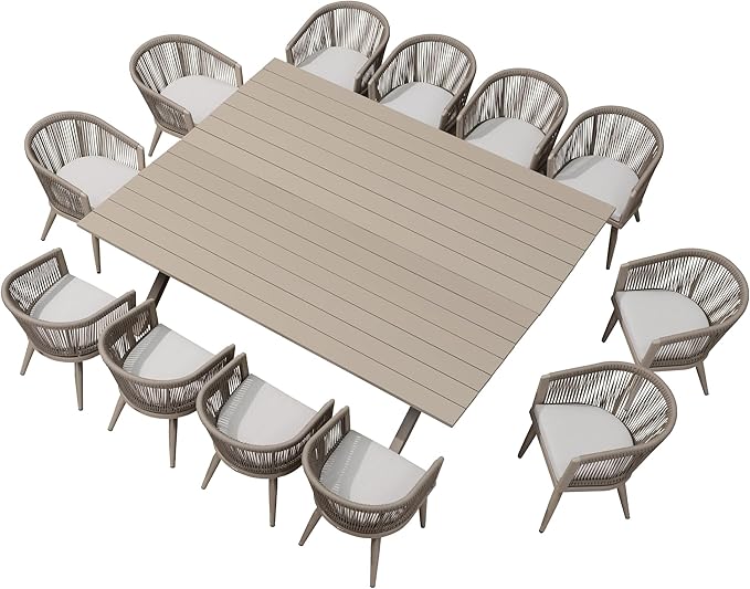 PURPLE LEAF Patio Dining Set for 12 All-Weather Wicker 14 Piece Aluminium Oversized Outdoor Table and Chairs Set Included Cushions for Backyard Kitchen Modern Outdoor Furniture Set Champagne