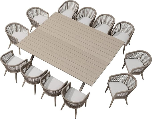 PURPLE LEAF Patio Dining Set for 12 All-Weather Wicker 14 Piece Aluminium Oversized Outdoor Table and Chairs Set Included Cushions for Backyard Kitchen Modern Outdoor Furniture Set Champagne