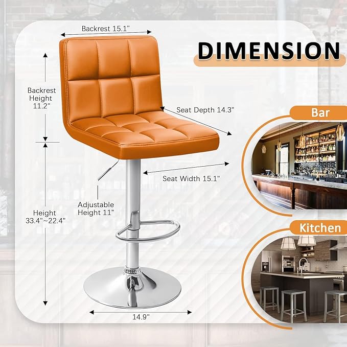 Homall Bar Stools Modern PU Leather Adjustable Swivel Barstools, Armless Hydraulic Kitchen Counter Bar Stool Extra Height Square Island Barstool with Back Set of 2 (Leather, Orange)