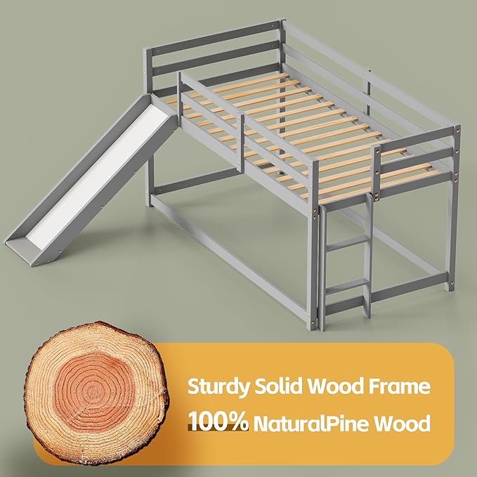 TOLEAD Low Bunk Bed with Slide, Floor Loft Bed with Climbing Ladder, Wood Twin Bunk Bed Frame with Full Guardrails & Storage Space for Kids Toddler