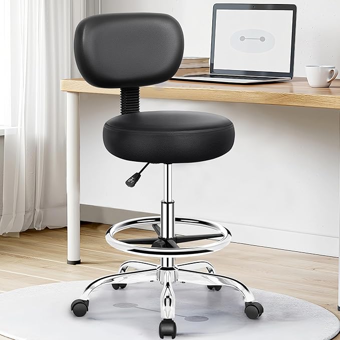 Brick Attic Drafting Chair with Backrest – Adjustable Foot Rest Rolling Stool with Wheels, PU Leather Swivel Stool for Office Spa Studio Lab Counter Salon Home Work Bar Kitchen Shop(Silver)