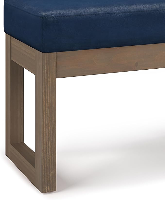 SIMPLIHOME Milltown Small Ottoman Bench - 27" Wide x 18" High Upholstered Vegan Leather Rectangle Footstool Ottoman in Distressed Dark Blue, Contemporary Bench with Cushioned Seat, Assembled