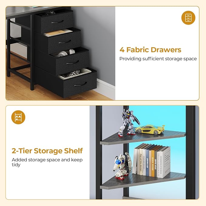 ADORNEVE Bunk Bed with Desk, Full Over Full Bunk Beds with Charging Station & Led Lights, 4 Storage Drawers & 2 Open Storage Shelves, Metal Loft Bed with Safety Guardrail & Ladder for Kids/Teen, Grey